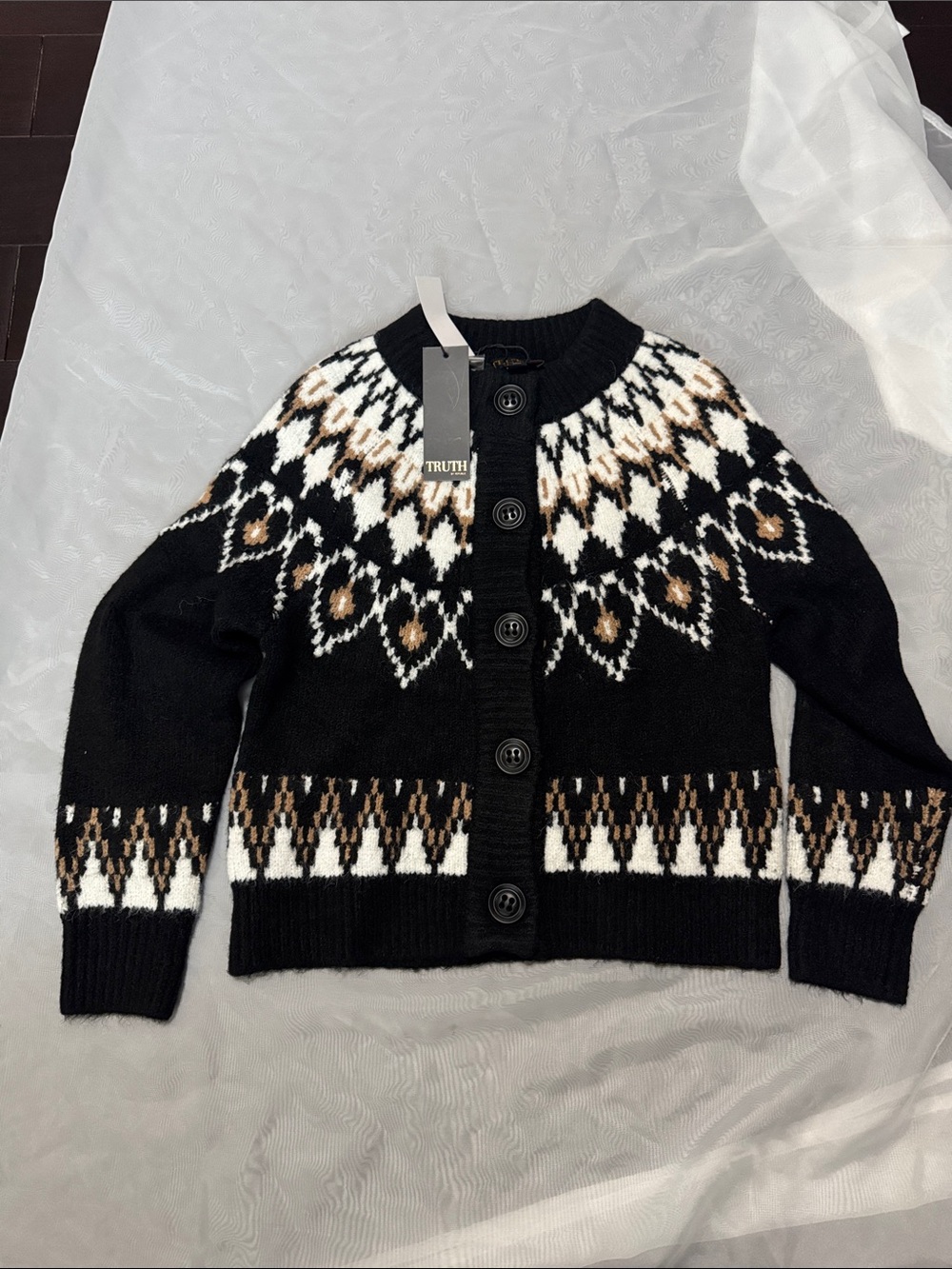 Truth By republic , White & Brown Fair Isle Button Cardigan